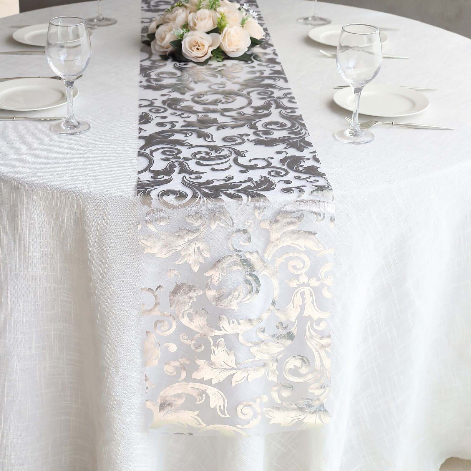 Sheer Organza 12"x108" Table Runner Roll Metallic Silver Foil Floral Swirl Design - Disposable Stylish Event Decoration - Bell Racket Store