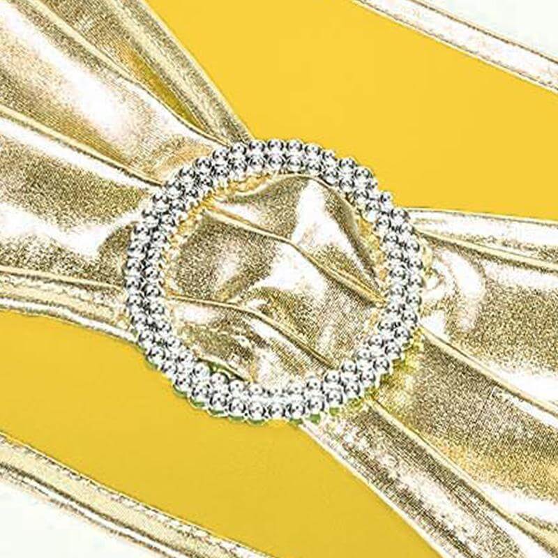 5 Pack Metallic Spandex Chair Sashes Champagne - Stretch Fit Chair Bands With Round Diamond Buckles