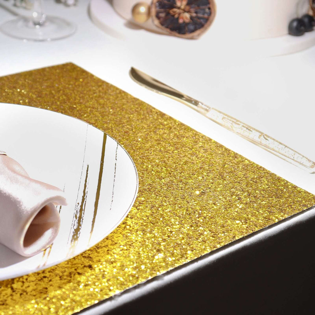 6-Pack Placemats Glitter Design Gold Sparkle Rectangle - Non-Slip Decorative Dining Table Mats 12"x18"