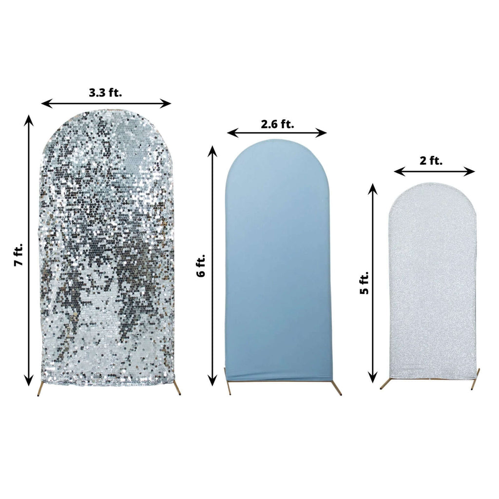 Set of 3 Dusty Blue Silver Round Top Fit Wedding Arch Frame Covers, Big Payette Sequin, Shimmer Tinsel and Matte Spandex Backdrop Stand Covers