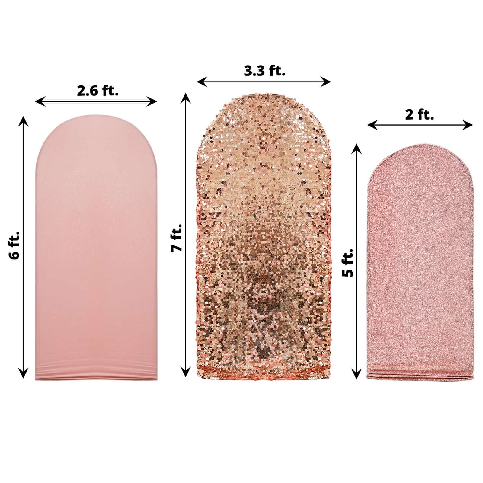 Set of 3 Rose Gold Round Top Fitted Wedding Arch Frame Covers, Big Payette Sequin, Shimmer Tinsel and Matte Spandex Backdrop Stand Covers