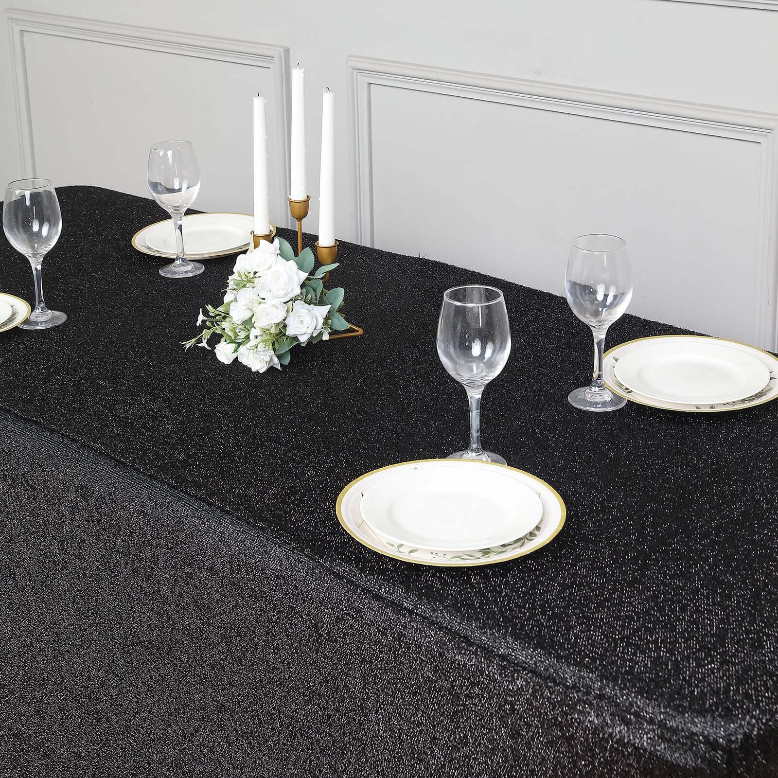 Shimmer Tinsel Spandex 72"x30" Rectangle Tablecloth Metallic Black Glittered Shiny Stretch Table Cover - Bell Racket Store