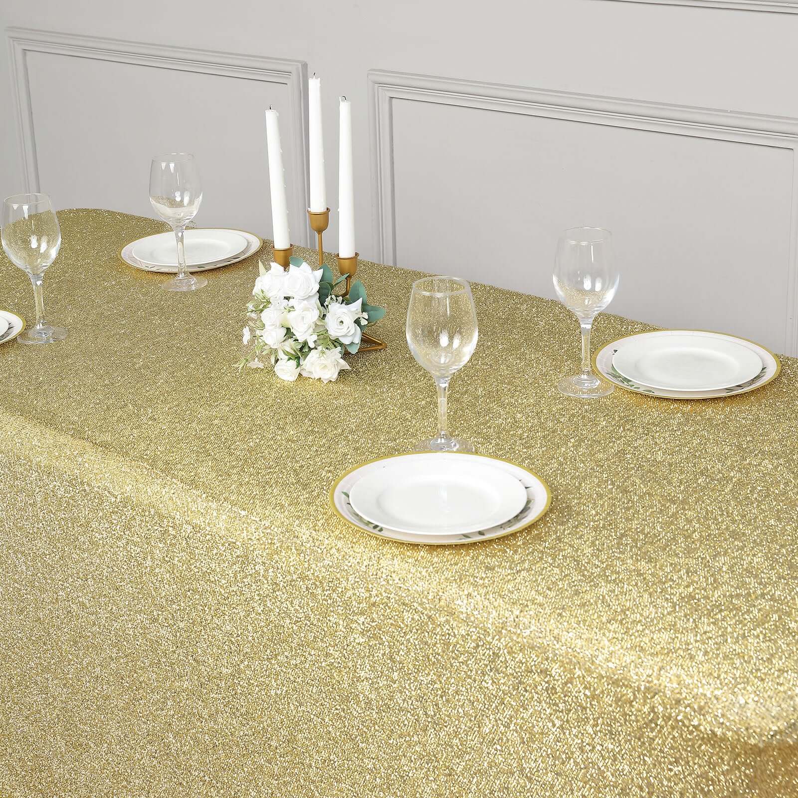 Shimmer Tinsel Spandex 72"x30" Rectangle Tablecloth Metallic Champagne Glittered Shiny Stretch Table Cover - Bell Racket Store