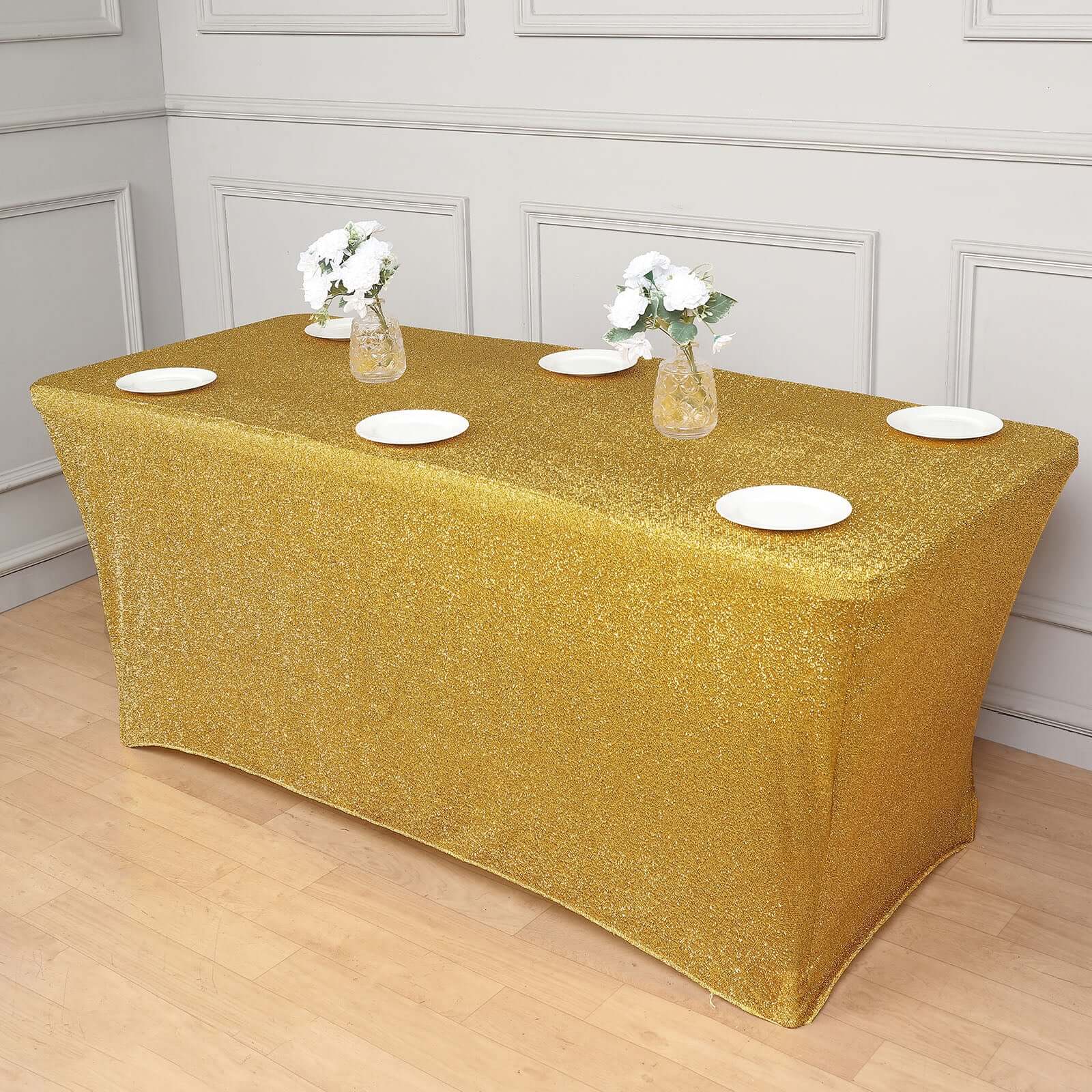 Shimmer Tinsel Spandex 72"x30" Rectangle Tablecloth Metallic Gold Glittered Shiny Stretch Table Cover for Gleaming Event Decor - Bell Racket Store