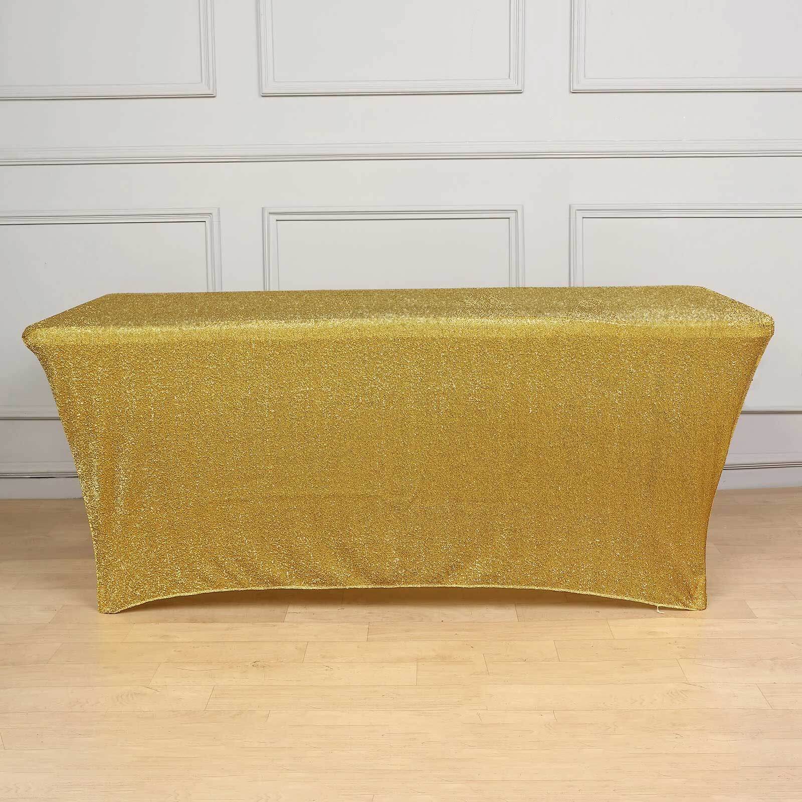 Shimmer Tinsel Spandex 72"x30" Rectangle Tablecloth Metallic Gold Glittered Shiny Stretch Table Cover for Gleaming Event Decor - Bell Racket Store