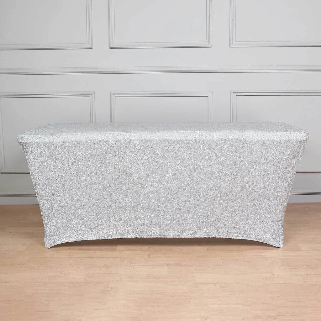 Shimmer Tinsel Spandex 72"x30" Rectangle Tablecloth Metallic Silver Glittered Shiny Stretch Table Cover - Bell Racket Store