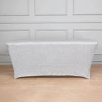 Shimmer Tinsel Spandex 72"x30" Rectangle Tablecloth Metallic Silver Glittered Shiny Stretch Table Cover - Bell Racket Store