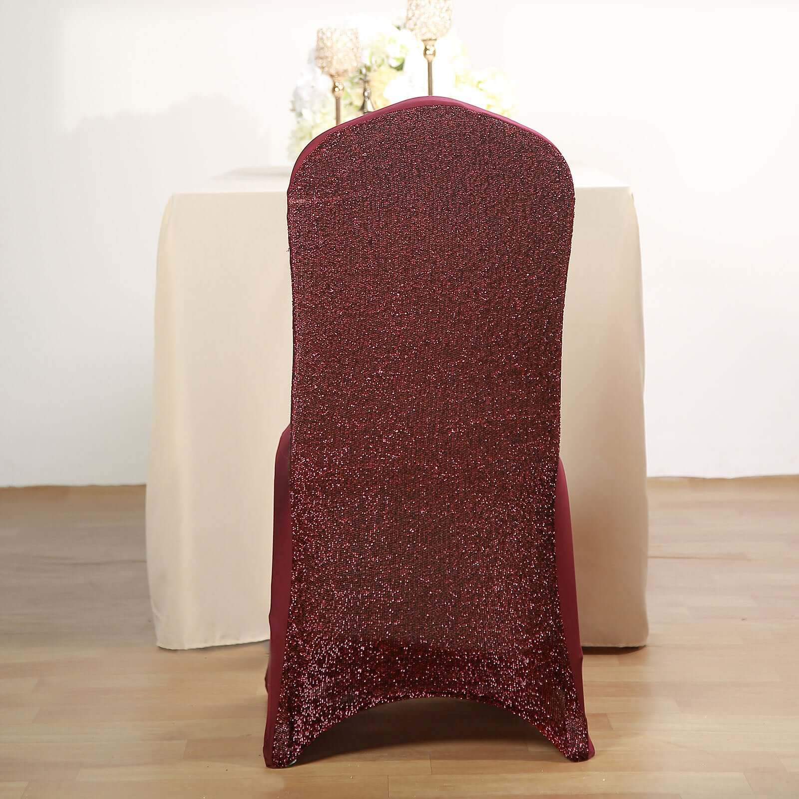 Spandex Chair Cover with Metallic Shimmer Tinsel Back for Banquet Chairs Burgundy - Fitted Slipcover