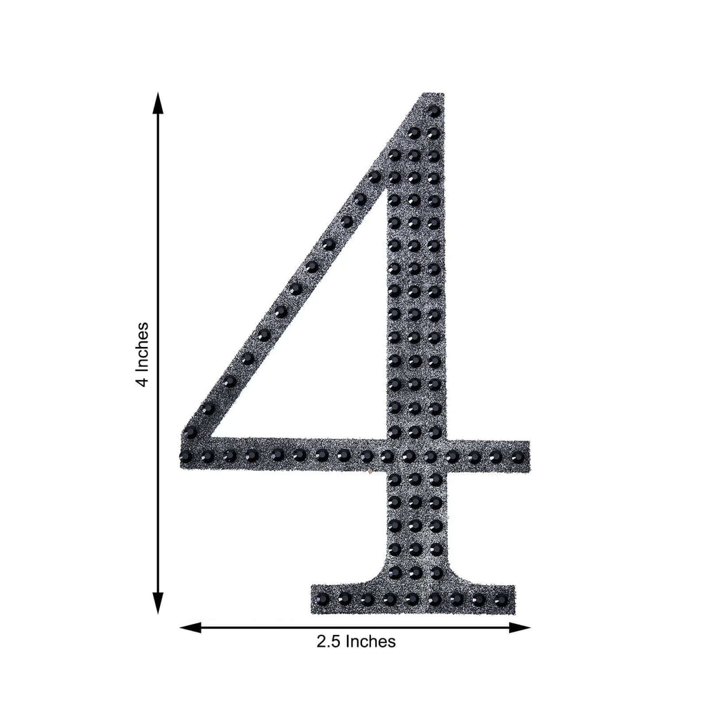 Decorative Rhinestone Number "4" Stickers, Glitter Adhesive Craft Numbers Black DIY Sparkle Embellishments 4"