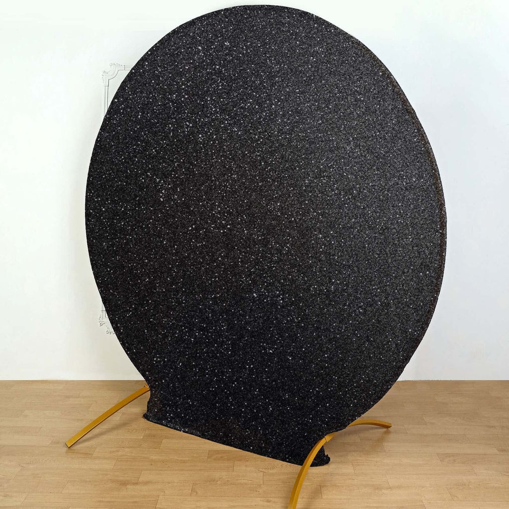 7.5ft Black Metallic Shimmer Tinsel Spandex Round Wedding Arch Cover, 2-Sided Photo Backdrop
