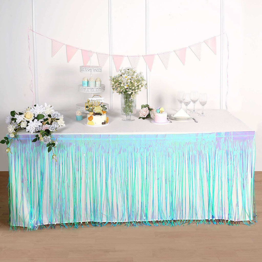 Metallic Foil Fringe Table Skirt Iridescent Blue with Self Adhesive Backing - Durable Tinsel Skirt for Parties 30"x9ft
