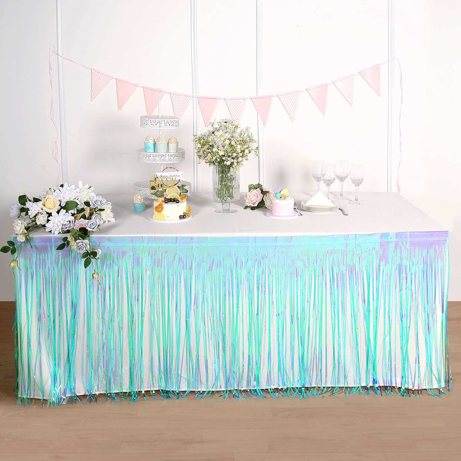 Metallic Foil Fringe Table Skirt Iridescent Blue with Self Adhesive Backing - Durable Tinsel Skirt for Parties 30"x9ft