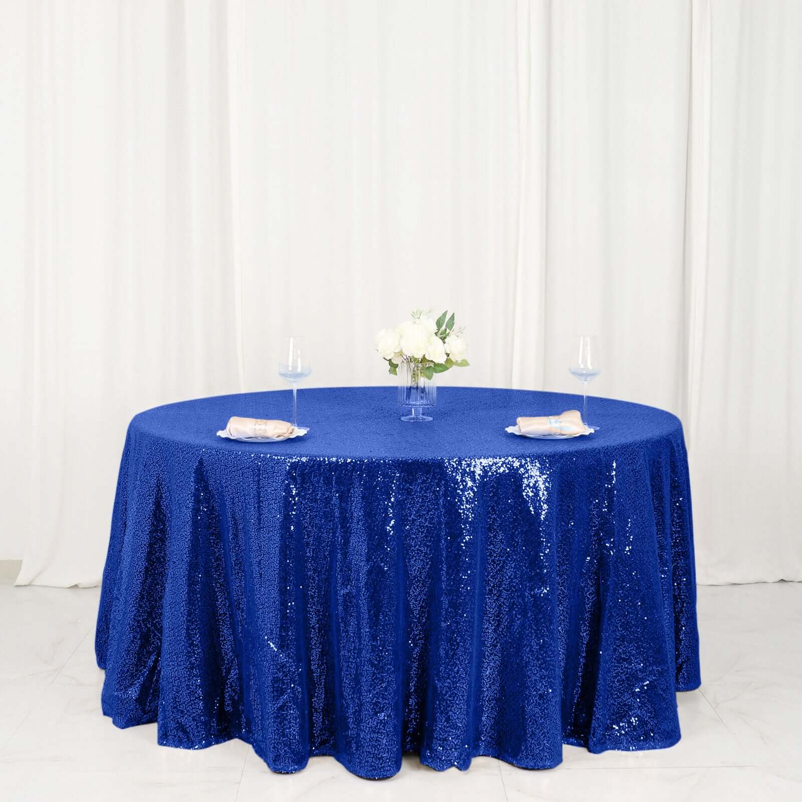 Sequin 120" Round Tablecloth Royal Blue - Seamless Glittering Table Cover