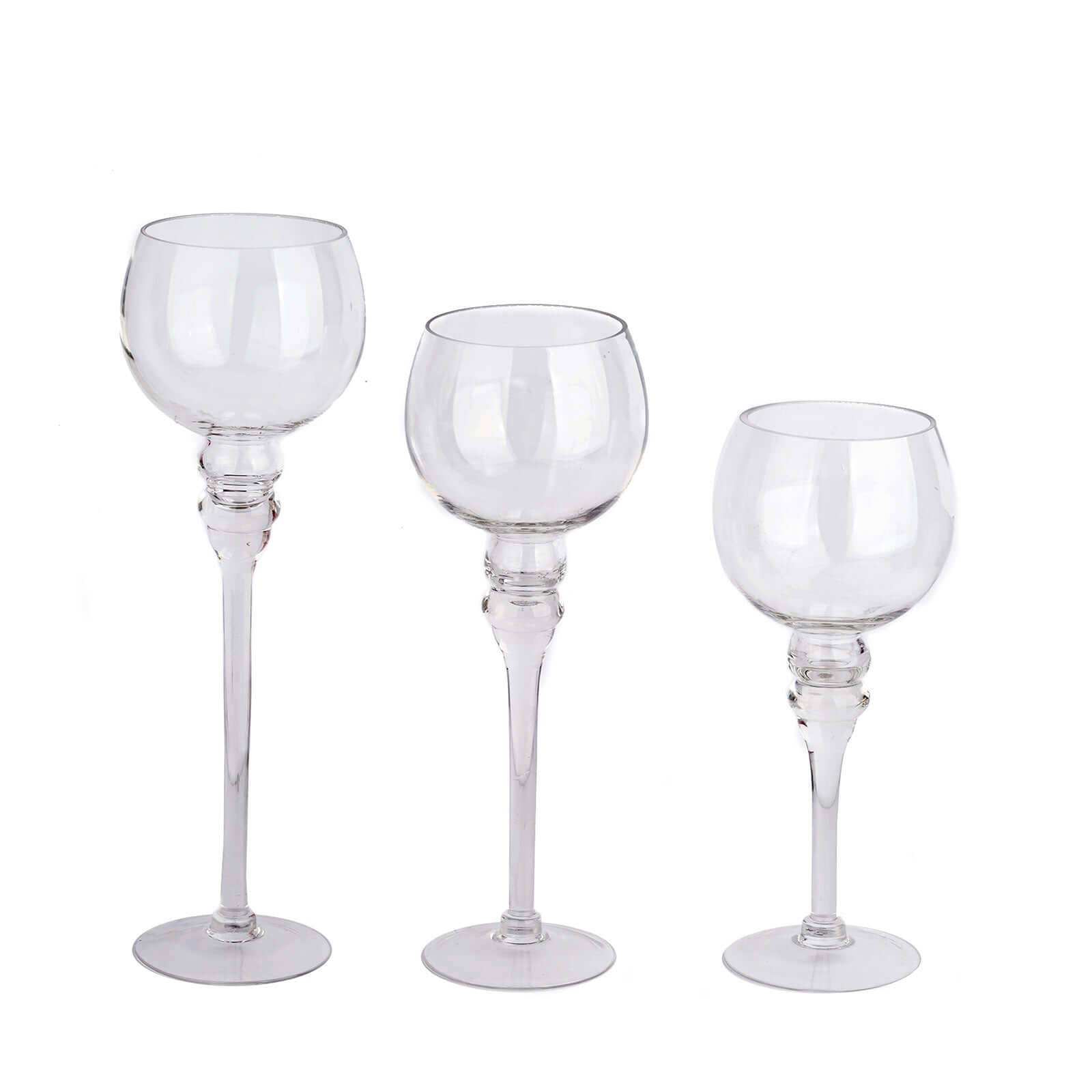 Set of 3 Glass Globe Vases Long Stem Clear - Stylish Candle Holder Floral Centerpieces 12", 14", 16"