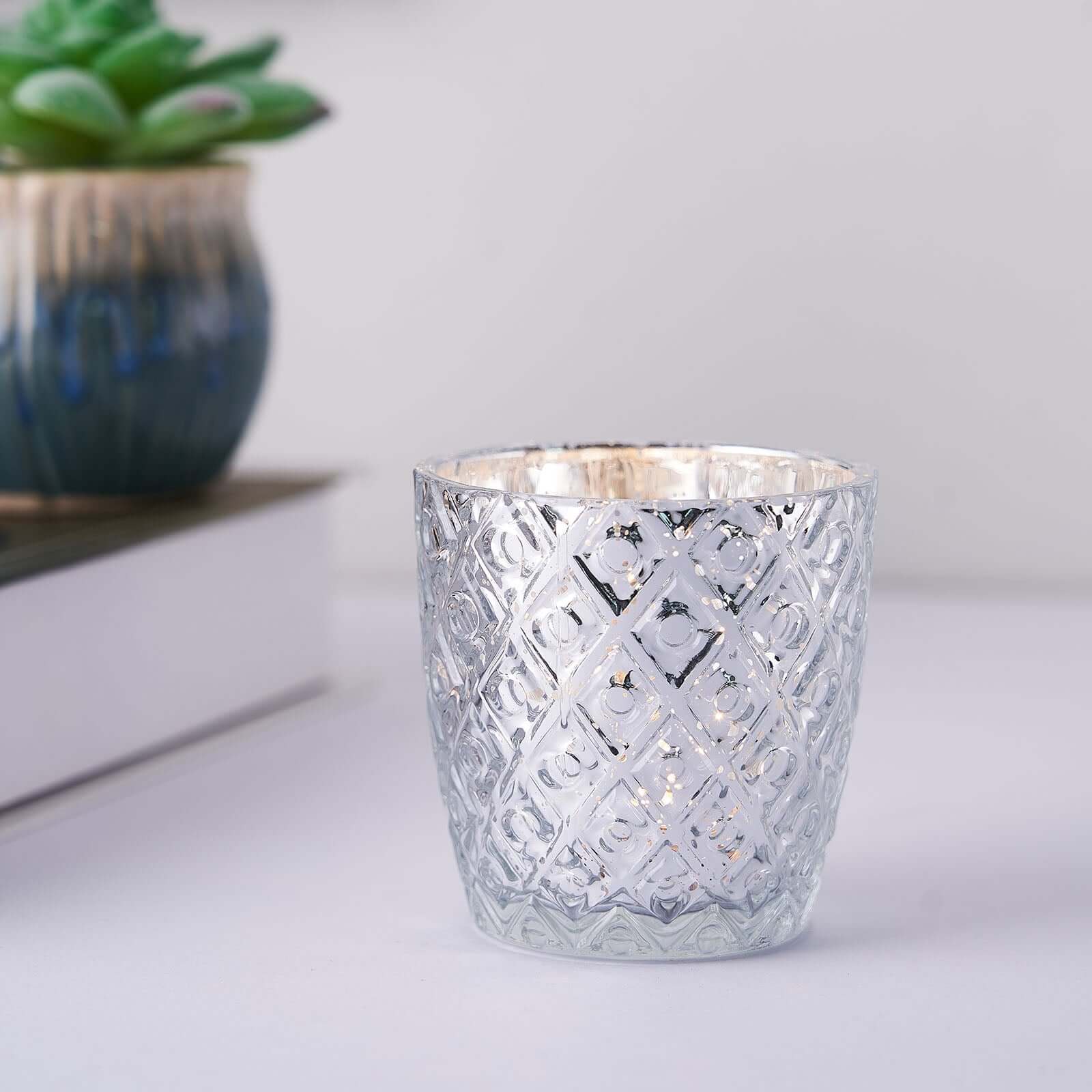 6-Pack Mercury Glass Votive Candle Holders Metallic Silver with Assorted Geometric Designs - Tealight Holders 3"
