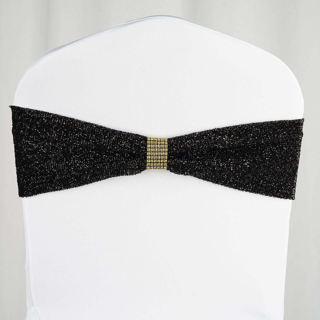 5 Pack Metallic Shimmer Tinsel Spandex Chair Sashes Black - Durable and Reusable Stretch Chair Bands for Dazzling Event & Party Decor