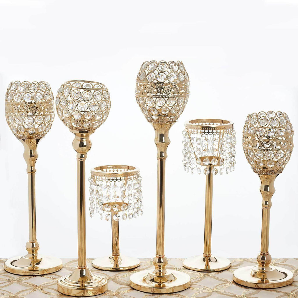 Crystal Votive Pillar Holder Metal 16" Gold - Chic Round Tealight Stand for Events