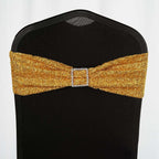 5 Pack Metallic Shimmer Tinsel Spandex Chair Sashes Gold - Durable and Reusable Stretch Chair Bands for Dazzling Event & Party Decor
