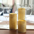 Set of 3 LED Flameless Pillar Candles Remote Operated Metallic Gold - Battery Powered 4", 6", 8"
