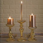 Set of 3 Candle Holder Stands Gold Mercury Glass Pillar Design - Stylish Votive Centerpieces for Tables & Decor 7", 8", 10"
