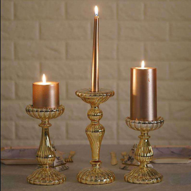 Set of 3 Candle Holder Stands Gold Mercury Glass Pillar Design - Stylish Votive Centerpieces for Tables & Decor 7", 8", 10"