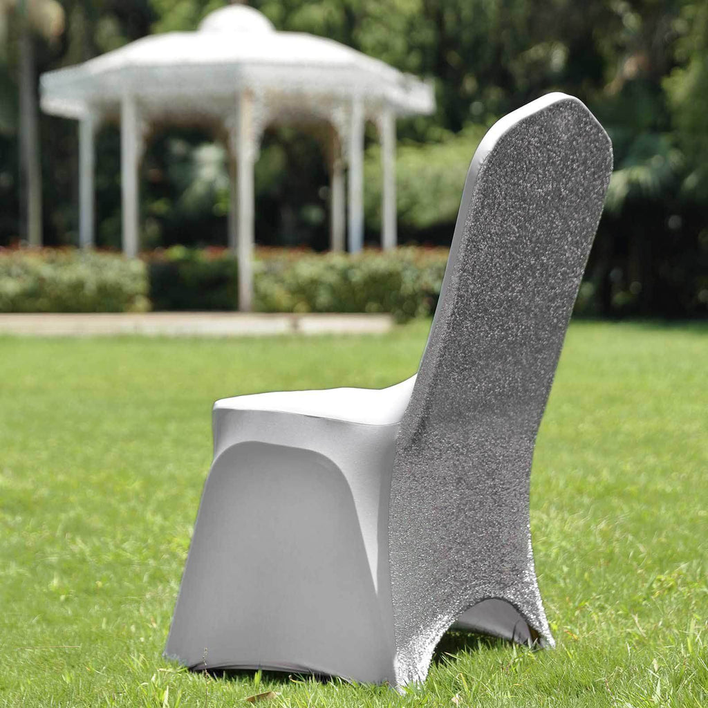 Spandex Chair Cover with Metallic Shimmer Tinsel Back for Banquet Chairs Silver - Fitted Slipcover