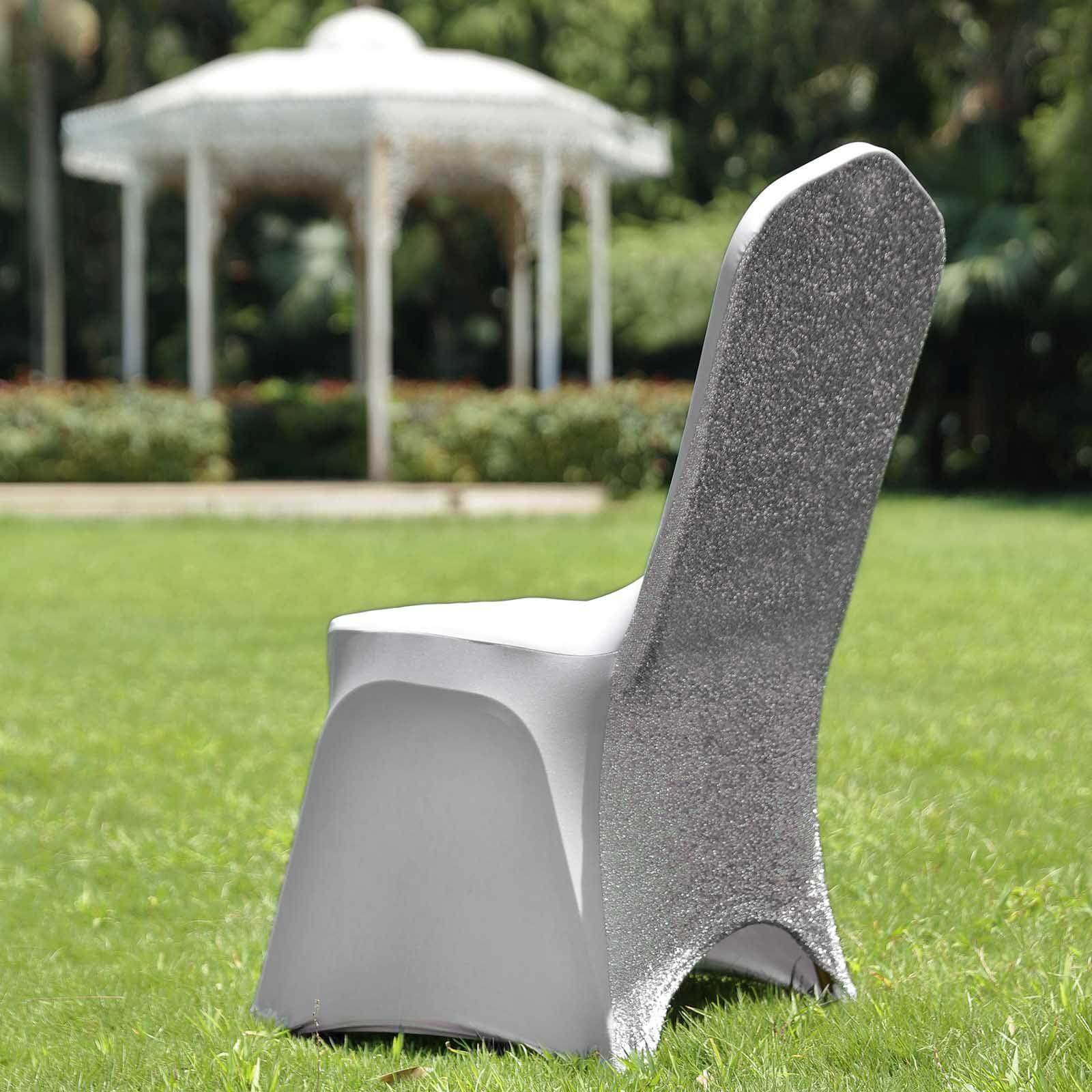 Spandex Chair Cover with Metallic Shimmer Tinsel Back for Banquet Chairs Silver - Fitted Slipcover