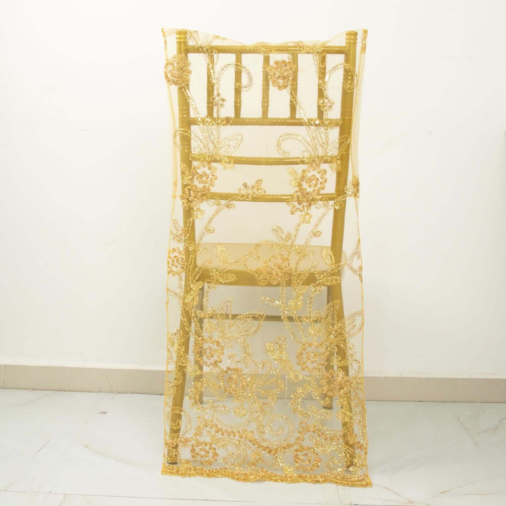 Organza Chiavari Chair Slipcover with Floral Sequin Embroidery Gold - Lace Chair Back Cover