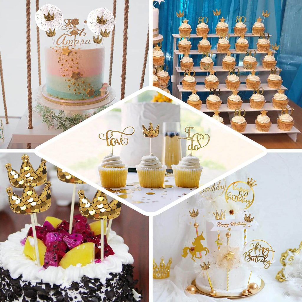 9-Pack Sequin Crown and Tutu Cupcake Cake Toppers Gold - Shimmering Princess Inspired Cake Inserts DIY Party Decoration Supplies