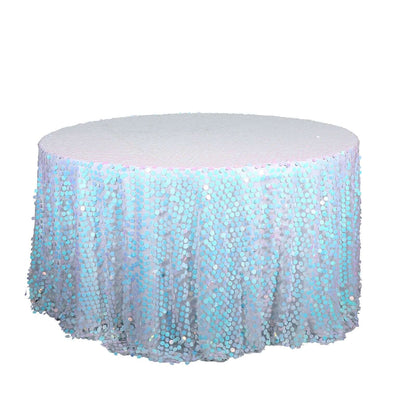 Sequin 120" Round Tablecloth Iridescent Blue - Seamless Big Payette Table Cover