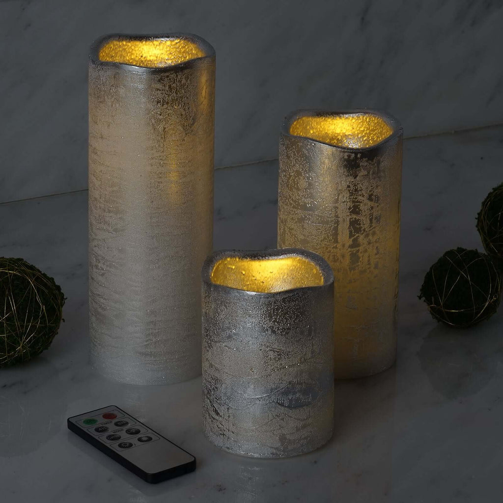 Set of 3 LED Flameless Pillar Candles Remote Operated Metallic Silver - Battery Powered 4", 6", 8"
