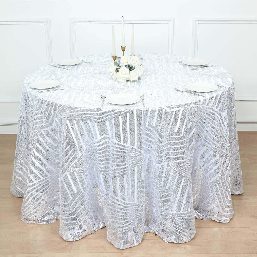 Sequin 120" Round Tablecloth Silver - Seamless Diamond Glitz Table Cover