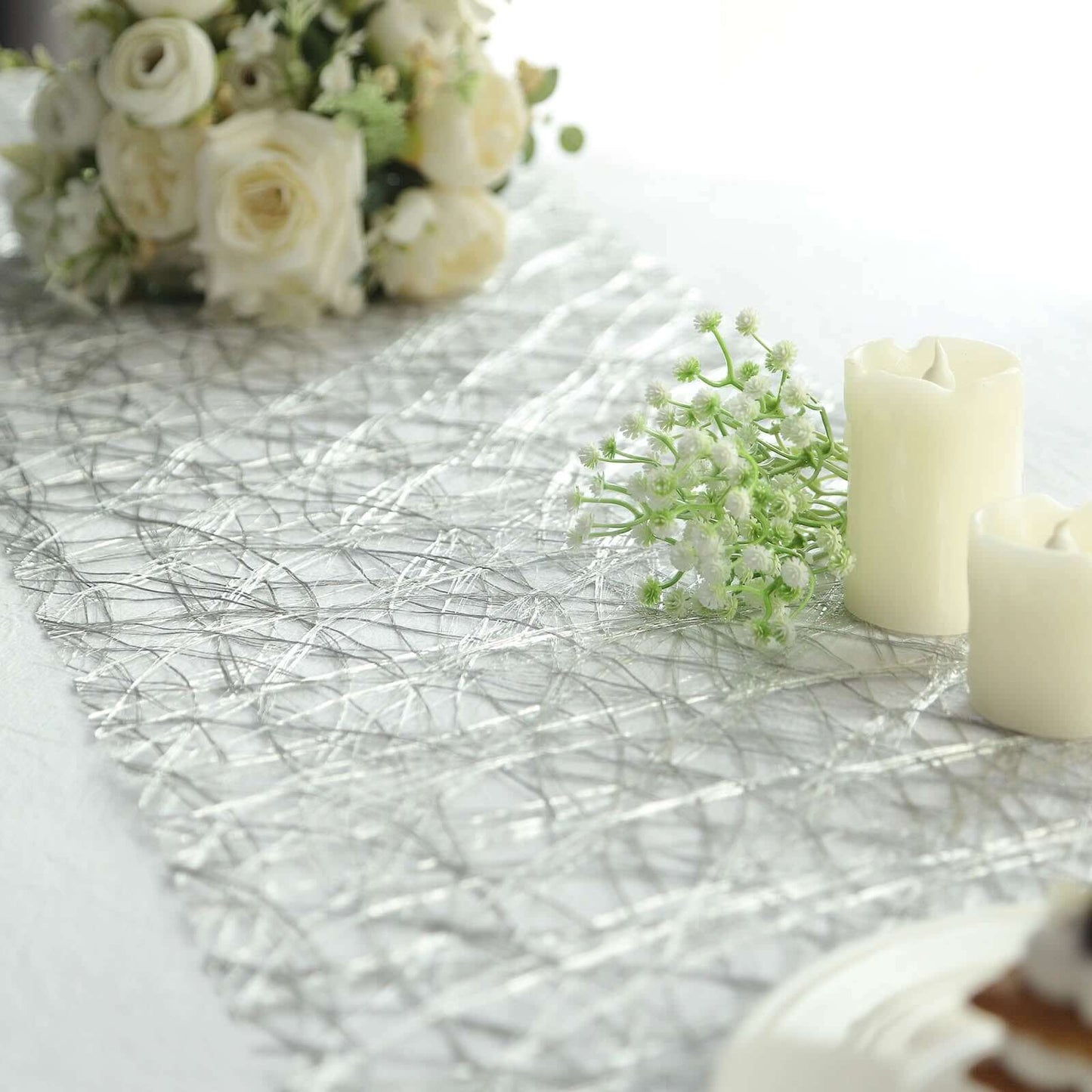 Polyester 12"x108" Table Runner Metallic Silver Disposable Non-Woven Fiber Roll - Stylish & Chic Table Decor