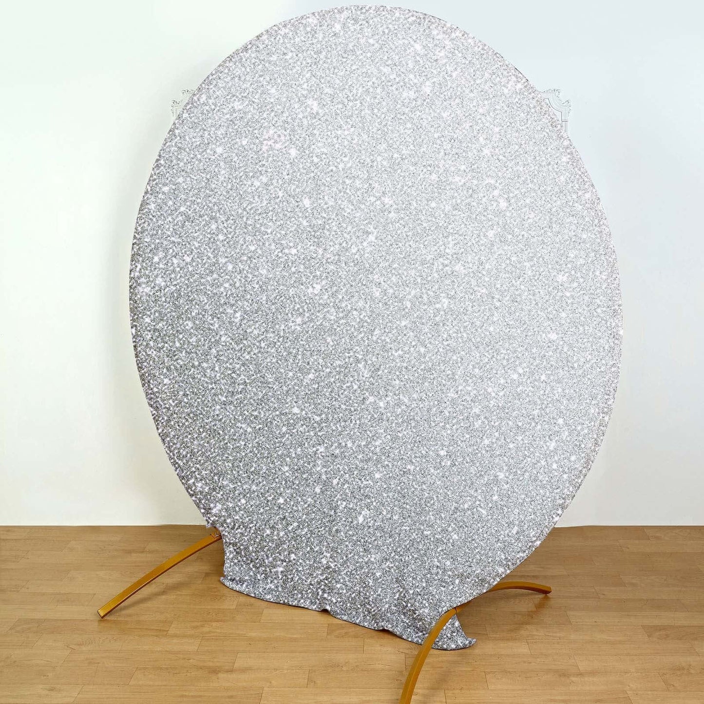 7.5ft Silver Metallic Shimmer Tinsel Spandex Round Wedding Arch Cover, 2-Sided Photo Backdrop