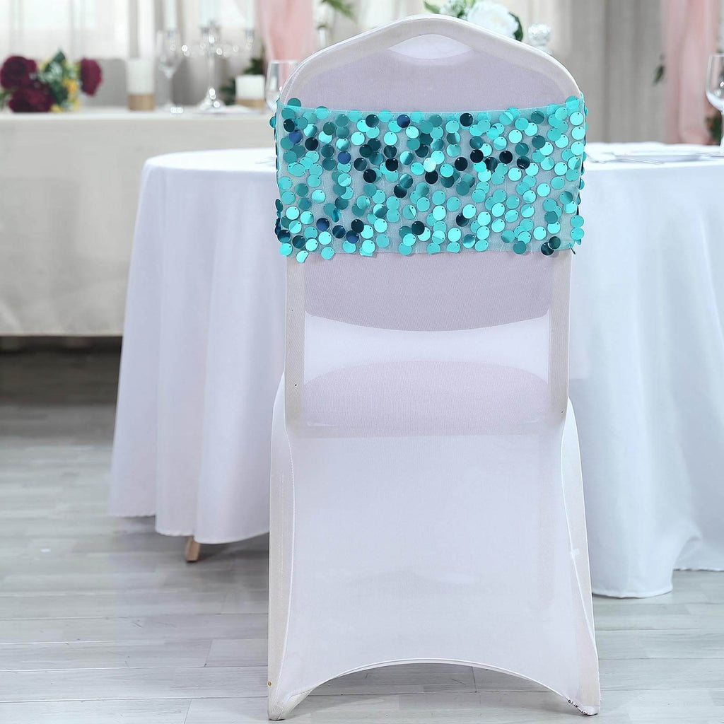 5 Pack Big Payette Sequin 13"x10" Chair Sash Bands Turquoise - Stylish Glittering Decor for Weddings & Gatherings