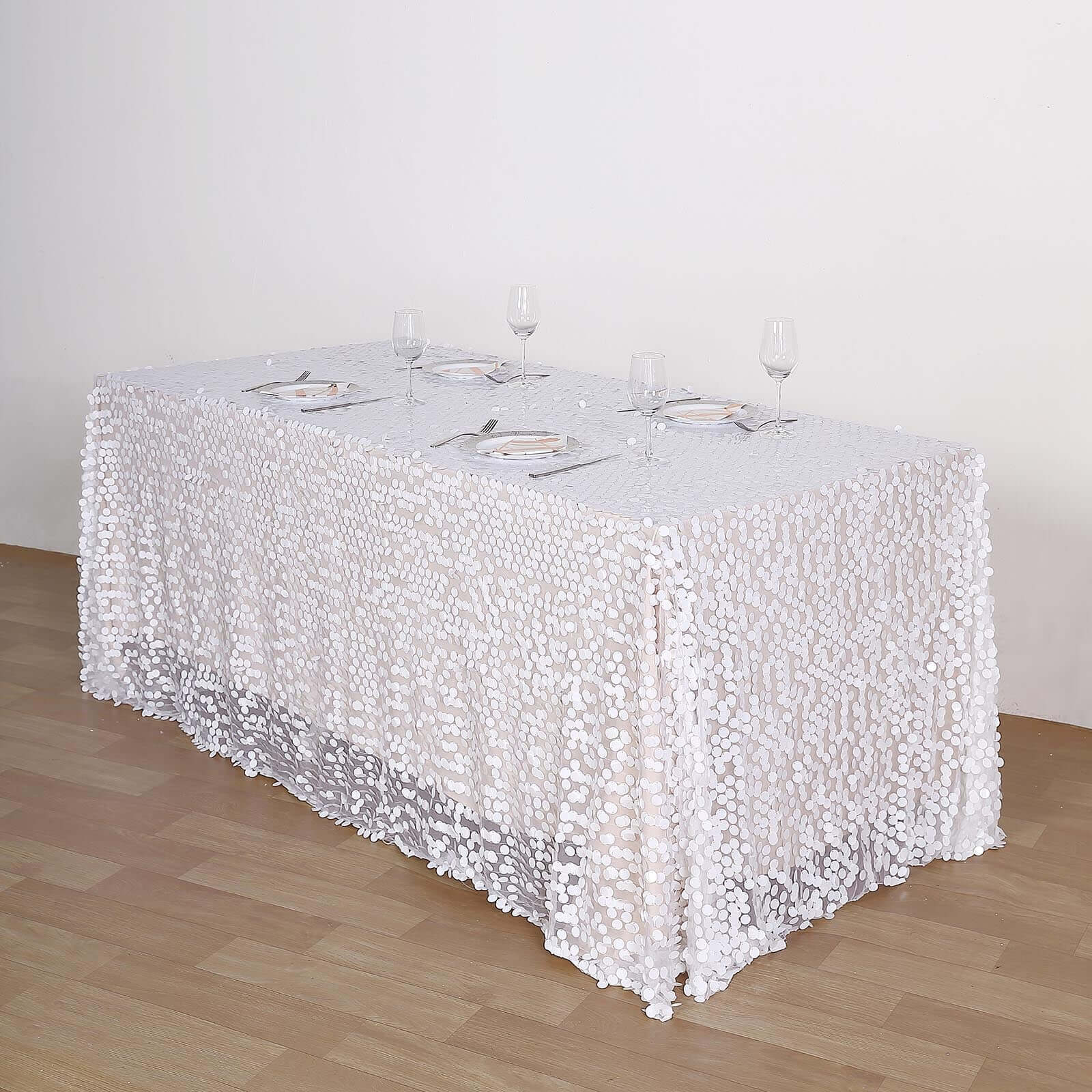 Sequin 90"x156" Rectangle Tablecloth White - Seamless Big Payette Table Cover