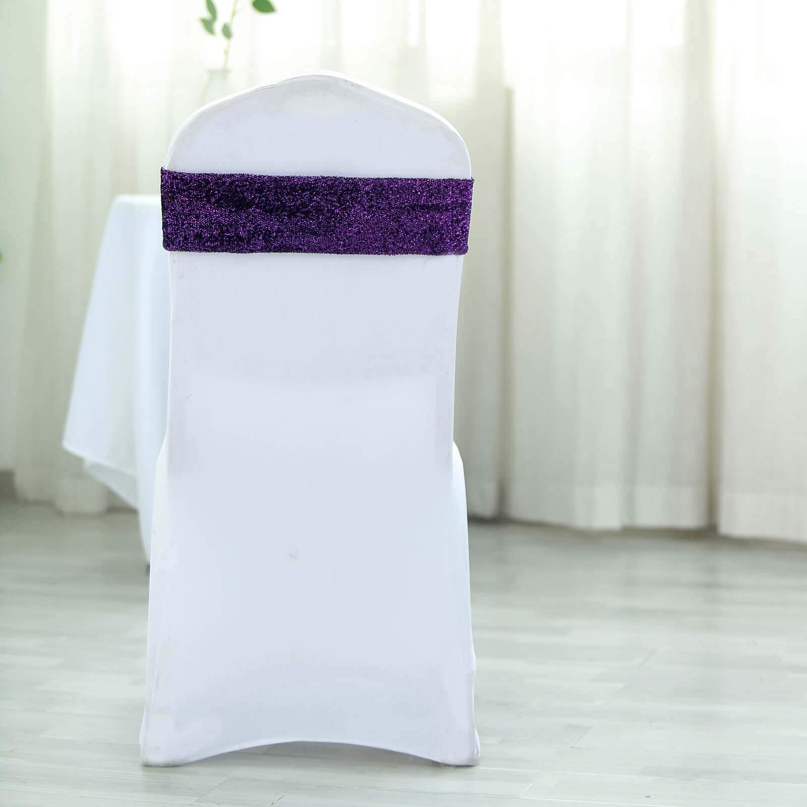 5 Pack Metallic Shimmer Tinsel Spandex Chair Sashes Purple - Durable and Reusable Stretch Chair Bands