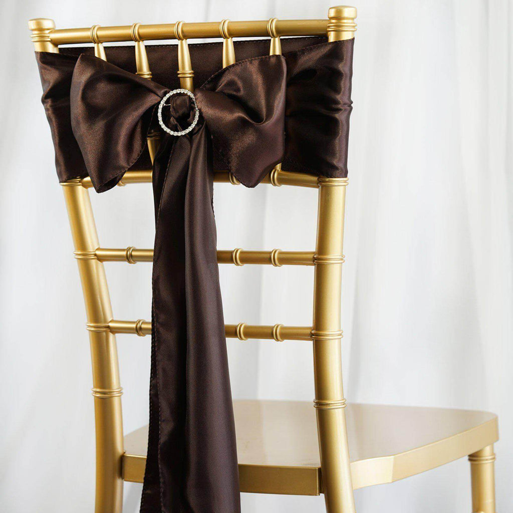 5 Pack Satin Chair Sashes Chocolate - Durable Chair Bows with Shiny Finish 6"x106"