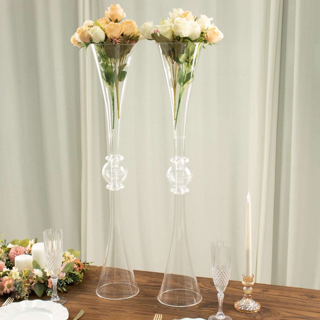 2 Pack 31" Clear Crystal Embellishment Trumpet Flower Vase, Reversible Plastic Table Centerpiece