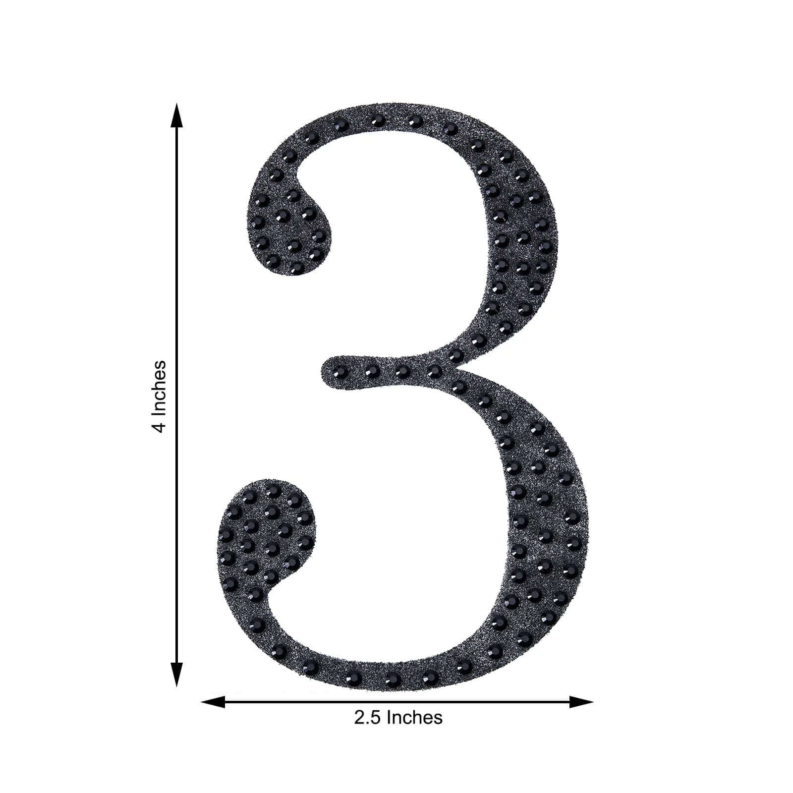 Decorative Rhinestone Number "3" Stickers, Glitter Adhesive Craft Numbers Black DIY Sparkle Embellishments 4"