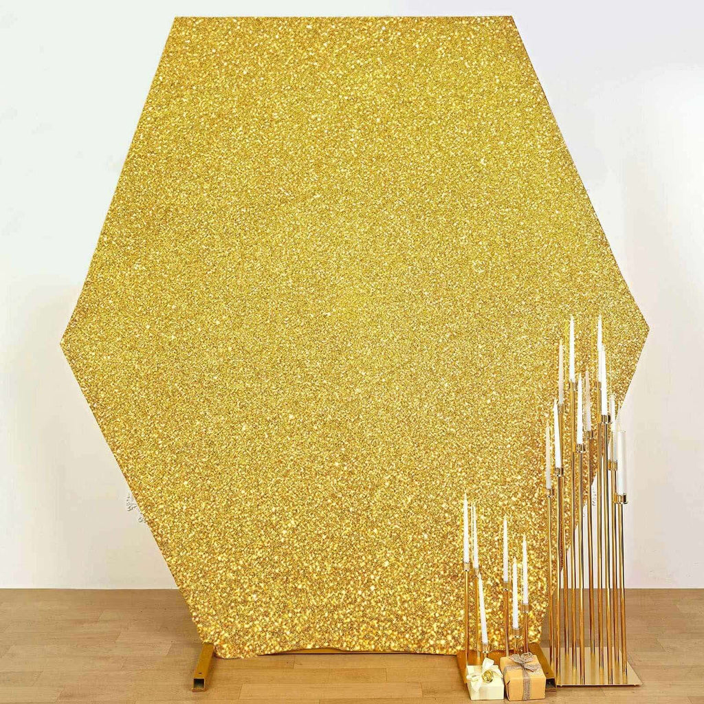 8ftx7ft Gold Metallic Shimmer Tinsel Spandex Hexagon Wedding Arbor Cover, 2-Sided Backdrop