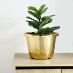 14" Gold Shiny Finished Rim Large Barrel Planter Pot, Indoor Outdoor Decorative Flower Pot