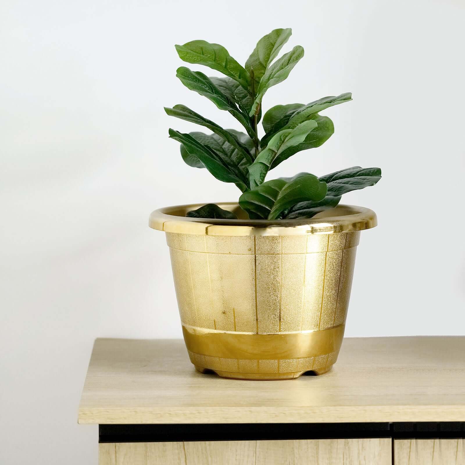 14" Gold Shiny Finished Rim Large Barrel Planter Pot, Indoor Outdoor Decorative Flower Pot