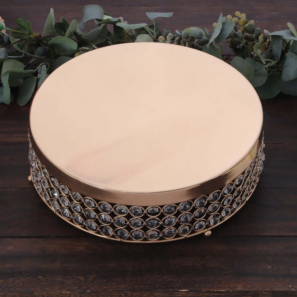 Metal Cake Stand Pedestal Crystal Beaded Design Gold - Cupcake Display and Dessert Riser 14"