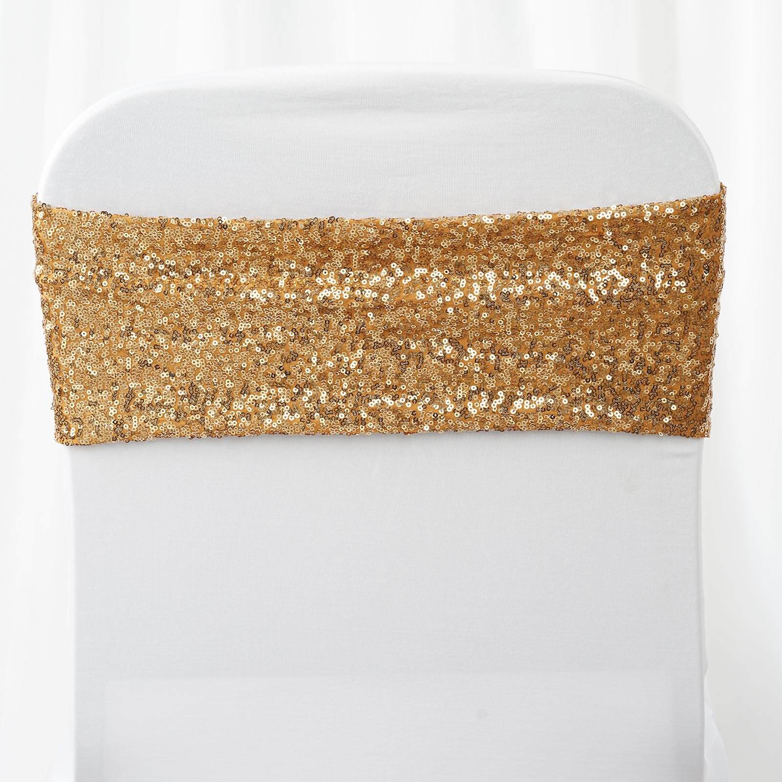 5 Pack Sequin Spandex Chair Sashes Gold - Sparkly Stretch Chair Bands for Glamorous Events 6"x15"