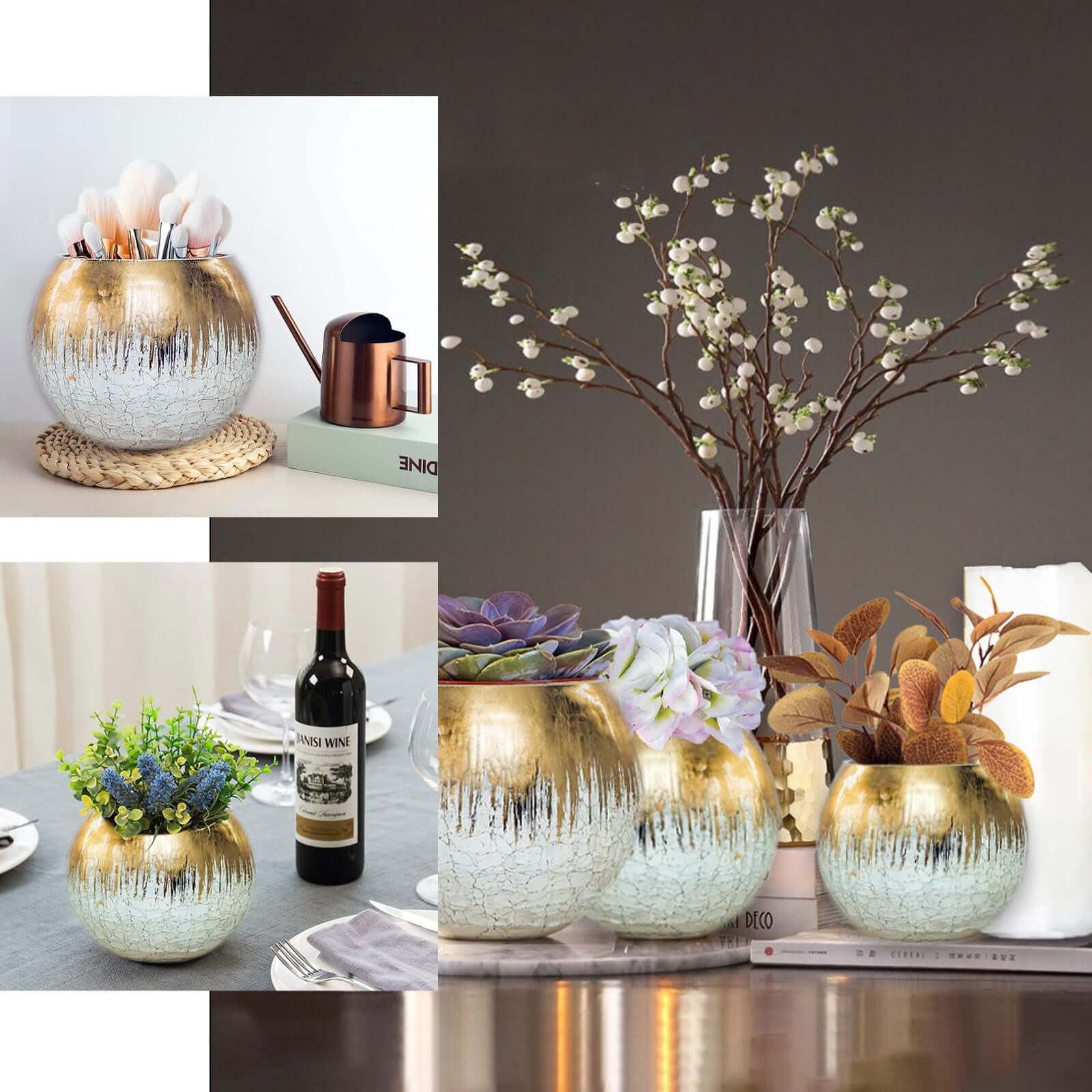 Glass Flower Vase Gold Foiled Crackle Bubble - Decorative Floral Centerpiece for Tables 6"