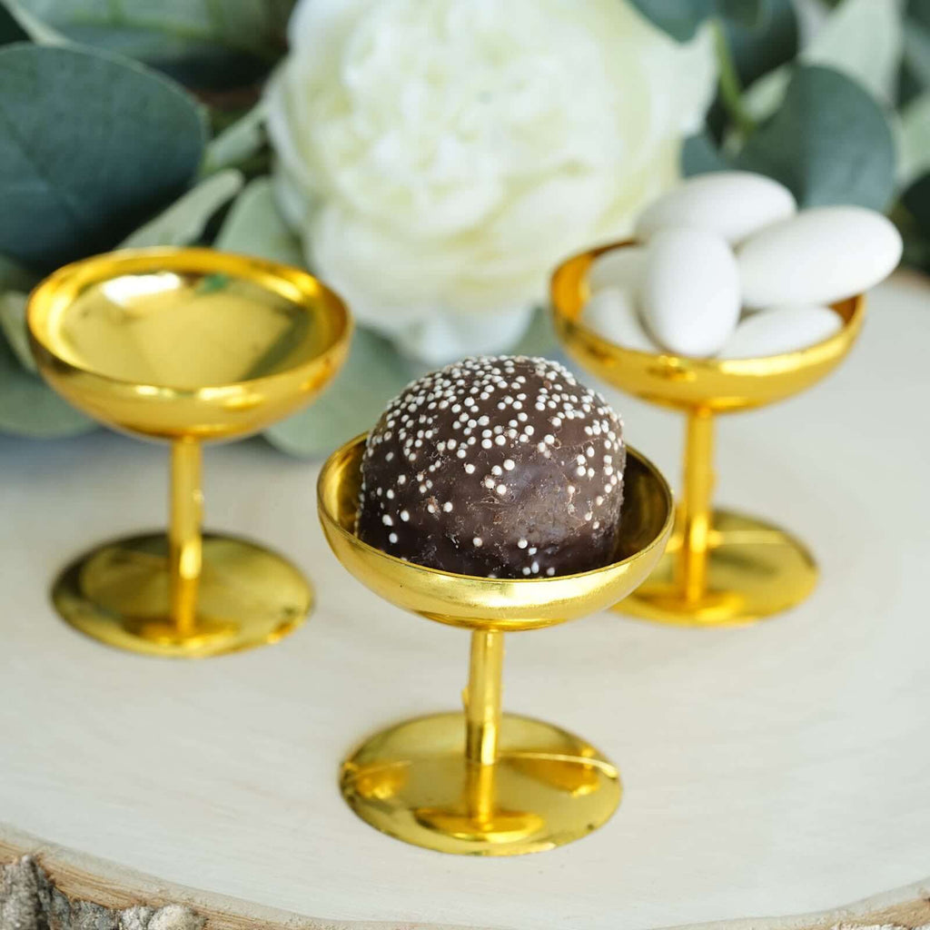 12-Pack Plastic Dessert Cup Candy Dishes Gold - Decorative Mini Pedestal Stands for Treats 2"
