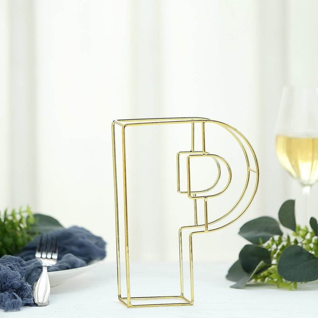 8" Tall Gold Freestanding 3D Decorative Wire Letter, Wedding Centerpiece - P