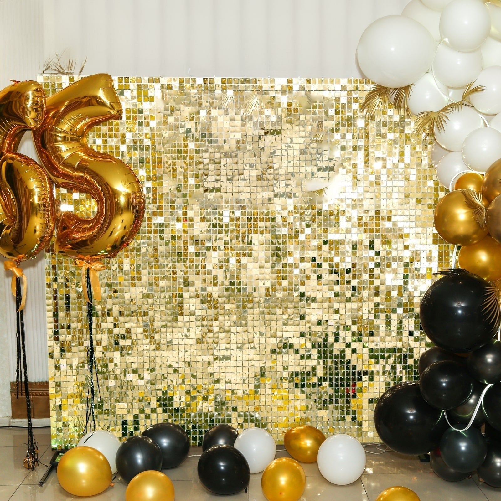 Shiny Gold Square Sequin Shimmer Wall Party Photo Backdrop, 24sq.ft Active Spangle Wall Art DÃ©cor Panels - 24 Panels - Bell Racket Store