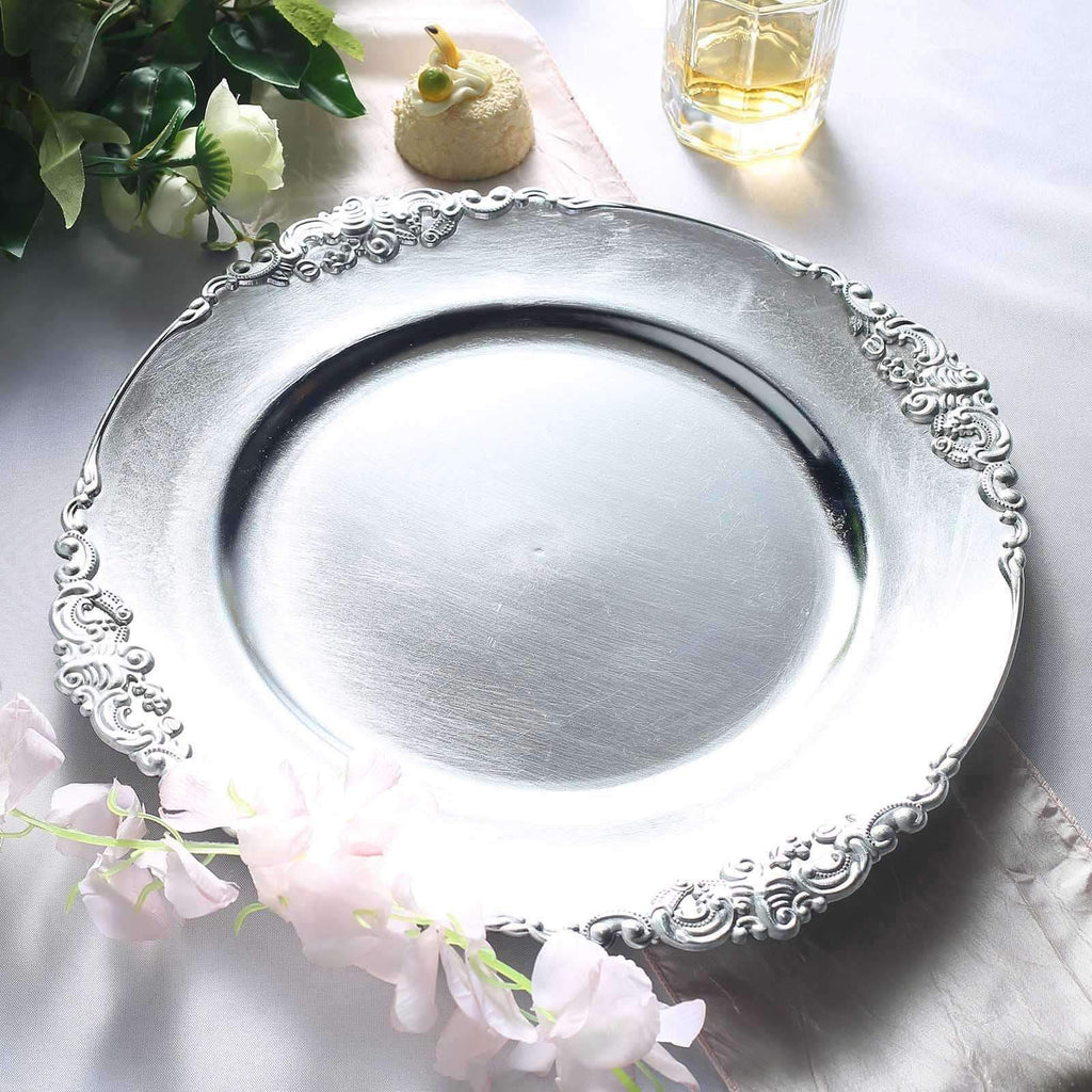 6-Pack Acrylic Round Charger Plates 13" in Silver with Embossed Baroque Rim, Antique Decorative Dinner Party Charger Tableware